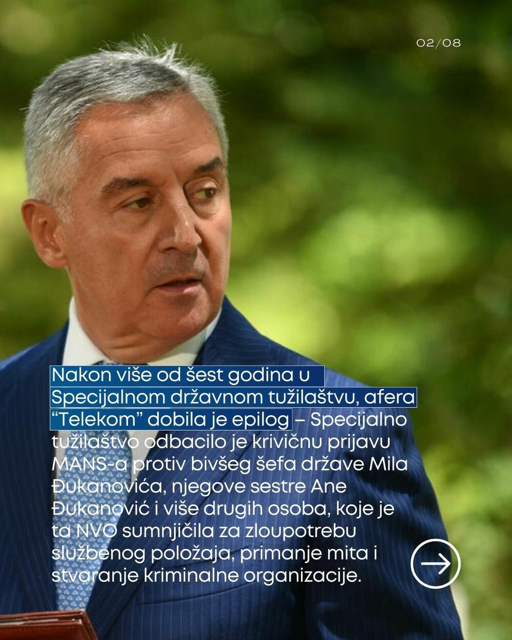 Nakon više od šest godina u Specijalnom državnom tužilaštvu, afera “Telekom” dobila je epilog – Specijalno tužilaštvo odbacilo je krivičnu prijavu MANS-a protiv bivšeg šefa države Mila Đukanovića, njegove sestre Ane Đukanović i više drugih osoba, koje je ta NVO sumnjičila za zloupotrebu službenog položaja, primanje mita i stvaranje kriminalne organizacije.