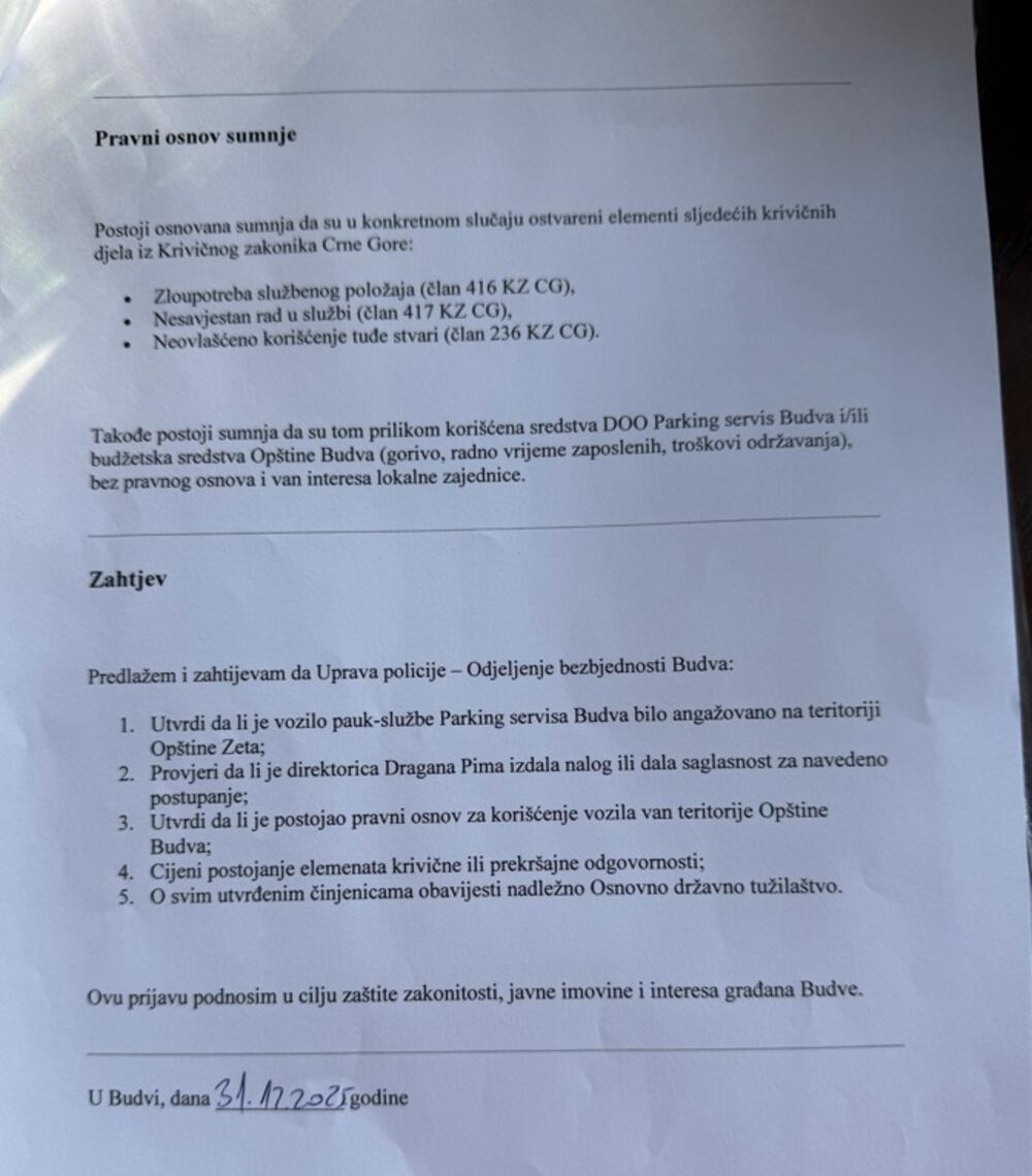 <p>"Vozila Parking servisa Budve su u Botunu sprovodila represivne i neprimjerene radnje prema građanima, koje Klub DNP Budva smatra ne samo nezakonitim, već i politički motivisanim. Smatramo da ovakvo postupanje ne može biti rezultat samovolje pojedinaca, već posljedica unaprijed dogovorene i koordinisane aktivnosti. Kako je moguće da javno preduzeće iz Budve interveniše na teritoriji opštine Zeta i vrši torturu nad okupljenim građanima", navela je Todorović</p>