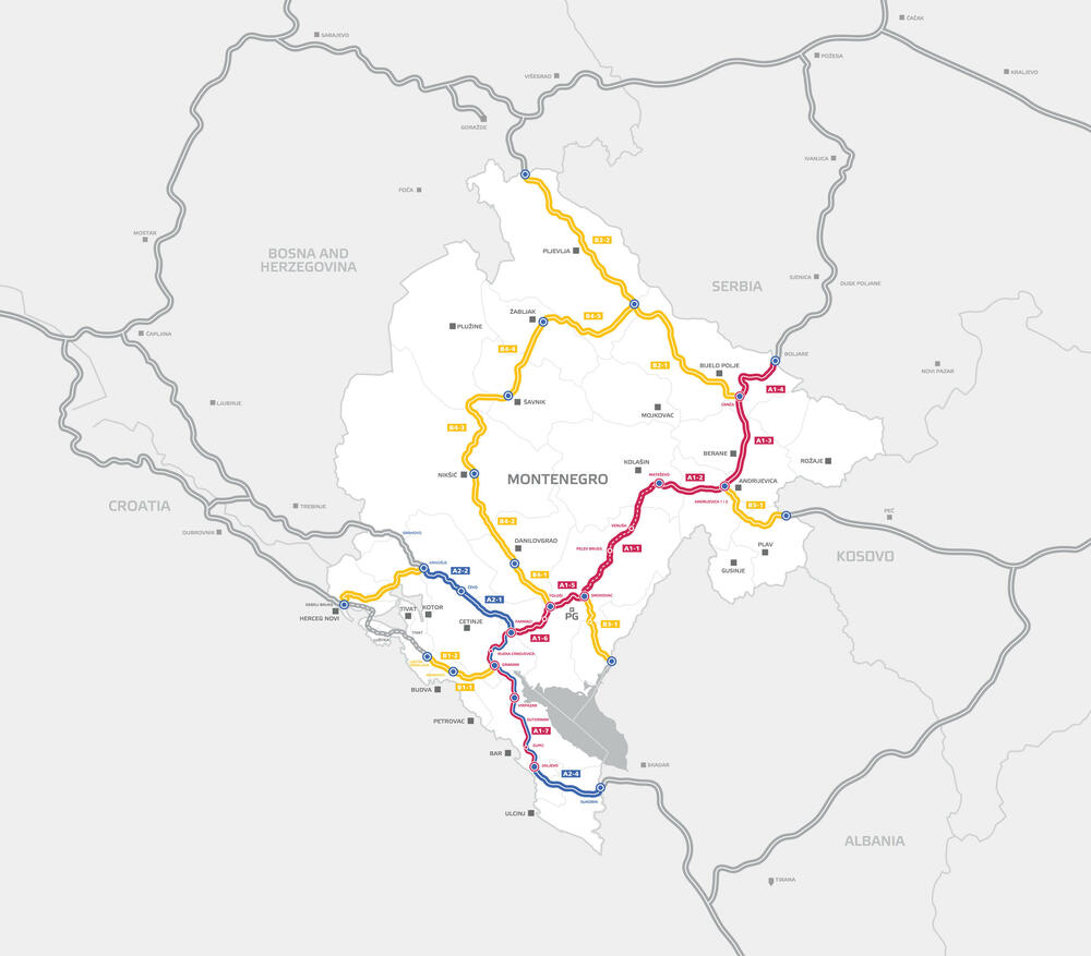 Mapa autoputeva i brzih cesti kroz Crnu Goru i veze sa susjednim državama