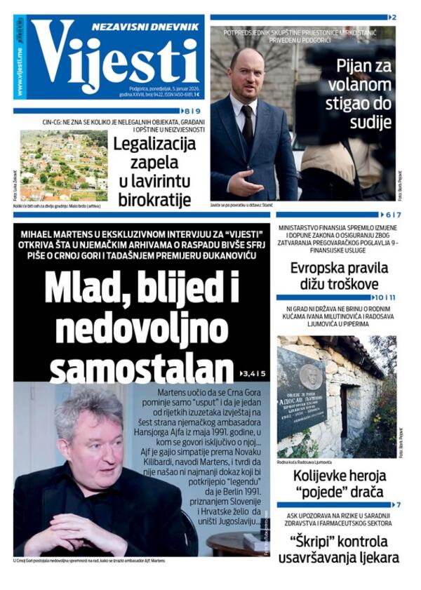 Naslovna strana "Vijesti" za 5. januar 2026.