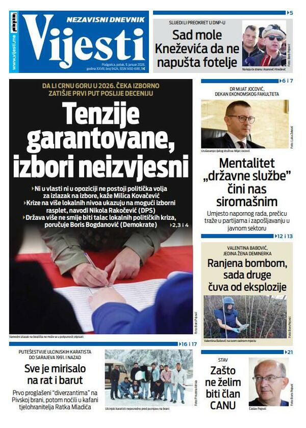 Naslovna strana "Vijesti" za 9. januar 2026.