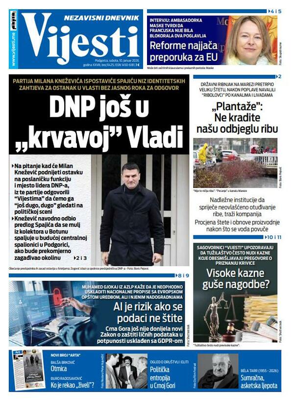 Naslovna strana "Vijesti" za 10. januar 2026.