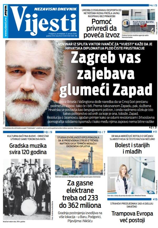 Naslovna strana "Vijesti" za 12. januar 2026.