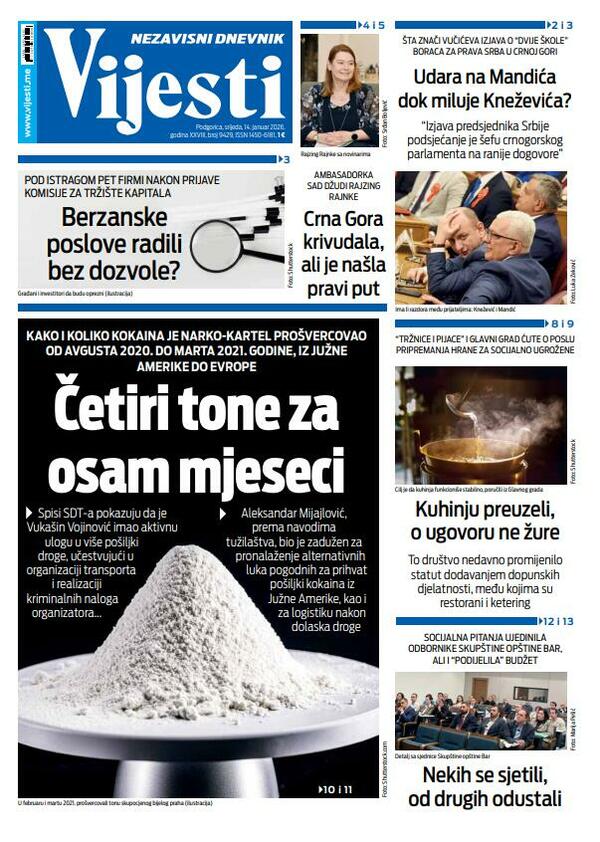 Naslovna strana "Vijesti" za 14. januar 2026.