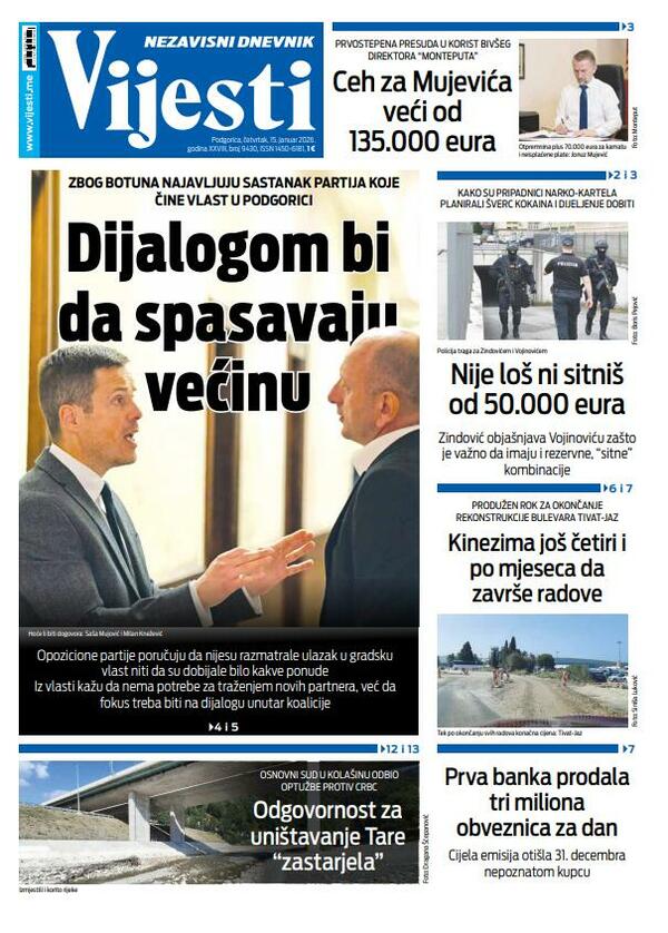 Naslovna strana "Vijesti" za 15. januar 2026.