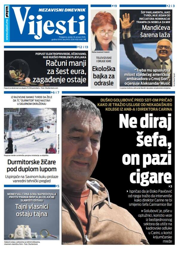 Naslovna strana "Vijesti" za 16. januar 2026.