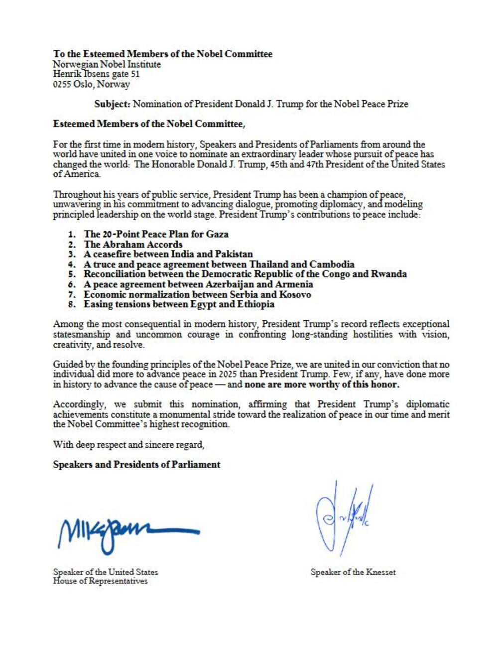 Pismo adresirano Norveškom Nobelovom institutu s potpisima Džonsona i Ohane