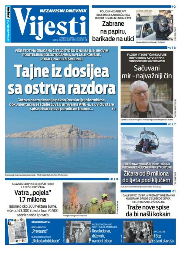 Naslovna strana "Vijesti" za 17. januar 2026.