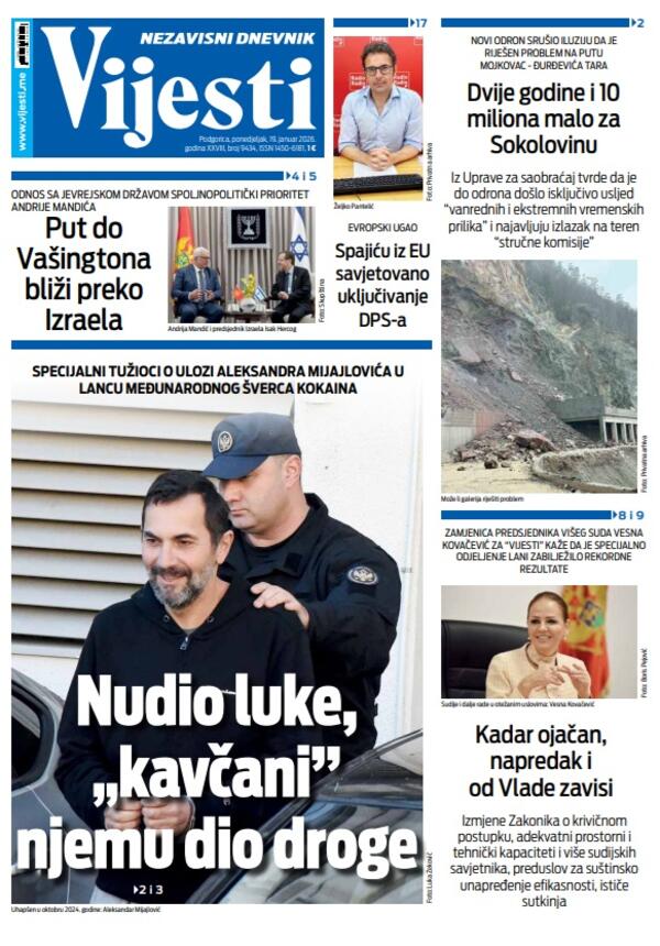 Naslovna strana "Vijesti" za 19. januar 2026.