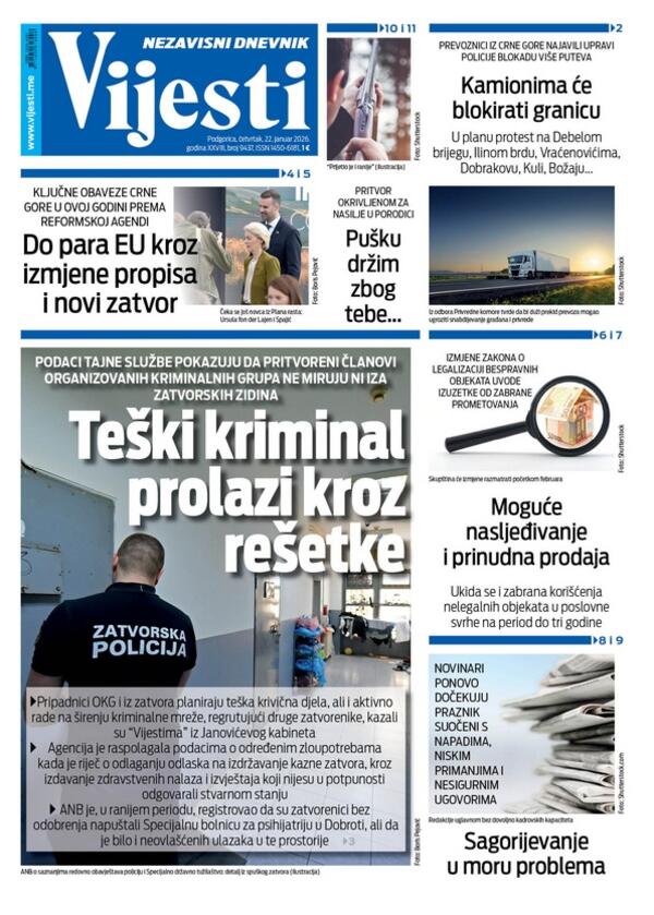 Naslovna strana "Vijesti" za 22. januar 2026.