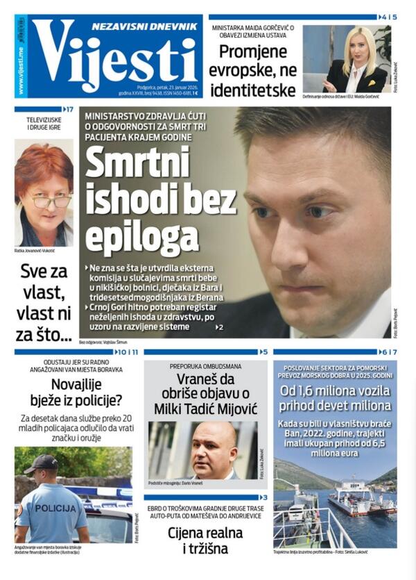 Naslovna strana "Vijesti" za 23. januar 2026.