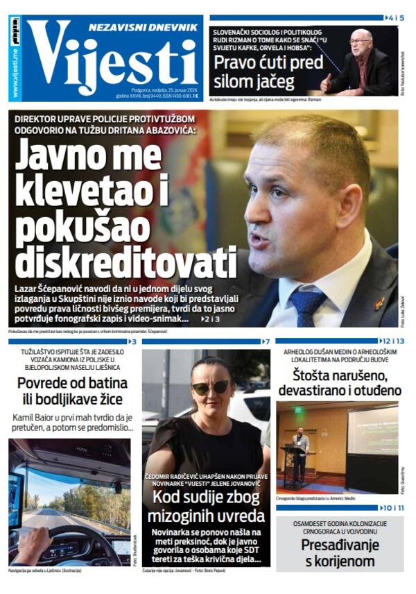 Naslovna strana "Vijesti" za 25. januar 2026.