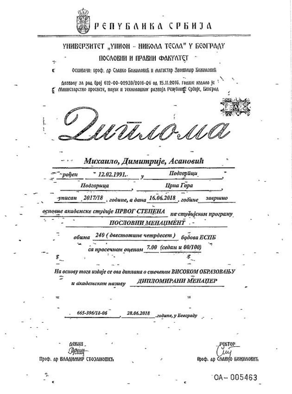 diploma Asanović