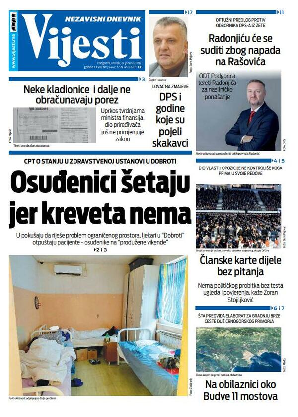 Naslovna strana "Vijesti" za 27. januar 2026.