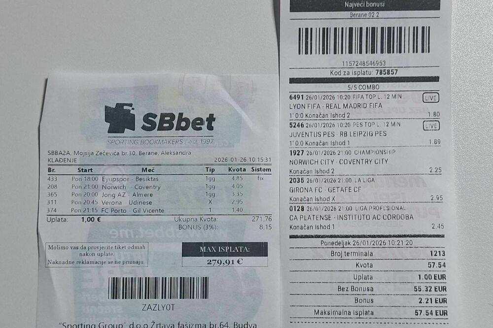 Tiketi iz kladionica u protekla dva dana koji potvrđuju da se porez ne obračunava, Foto: vijesti