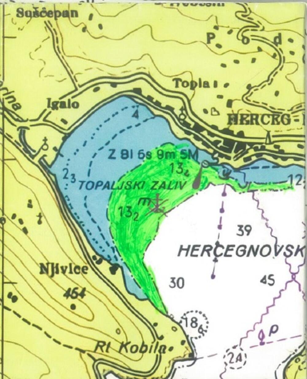 Karta sa podacima o maloj dubini mora u zalivu ispred Igala