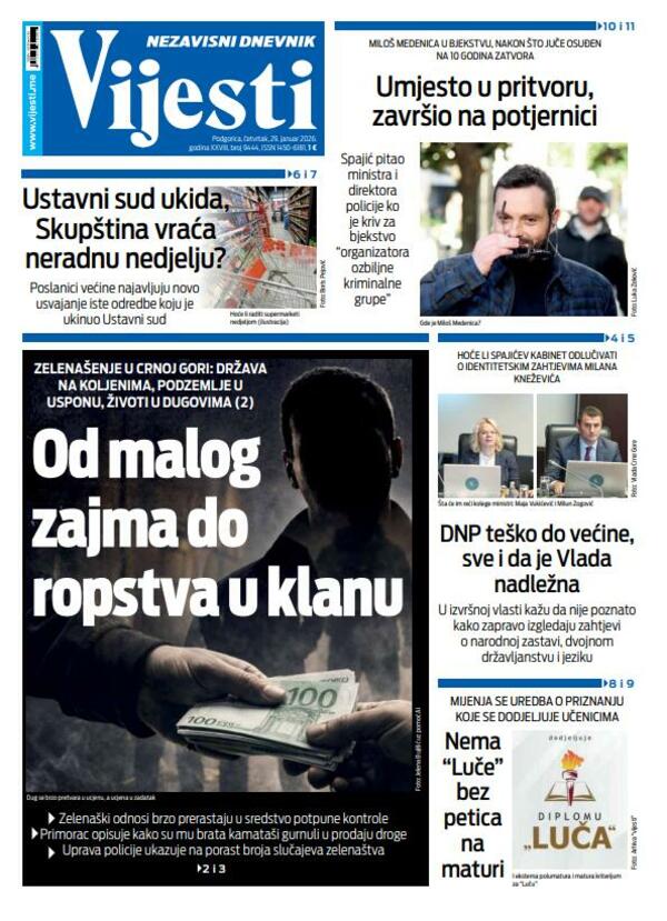 Naslovna strana "Vijesti" za 29. januar 2026.