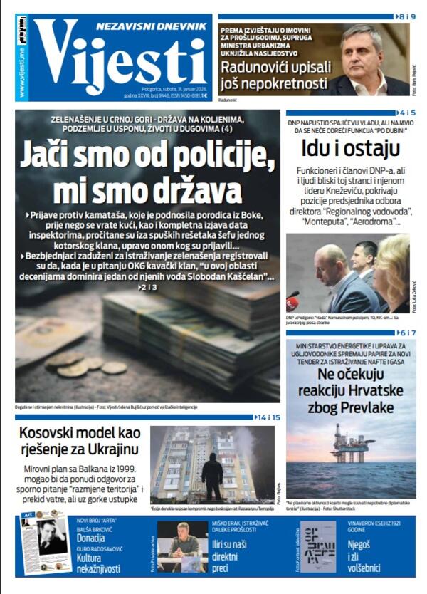 Naslovna strana "Vijesti" za 31. januar 2026.
