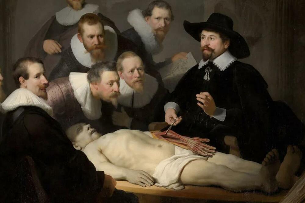 Rembrantov Čas anatomije je jedna od najpoznatijih slika koja se bavi anatomijom, a na njoj grupa ljudi ispituje telo pogubljenog kriminalca, Foto: Mauritshuis, The Hague