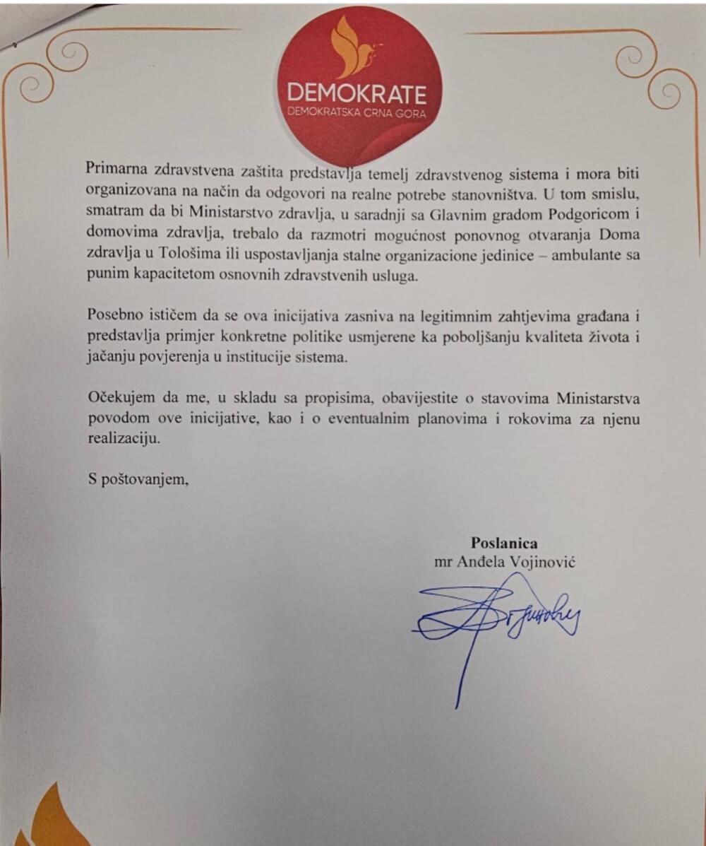 <p>"Naselje Tološi predstavlja jedno od većih urbanih područja Podgorice, sa stalnim rastom broja stanovnika, među kojima je značajan broj starijih osoba, hroničnih bolesnika, osoba sa invaliditetom i porodica sa malom djecom", piše u saopštenju Demokratske Crne Gore</p>