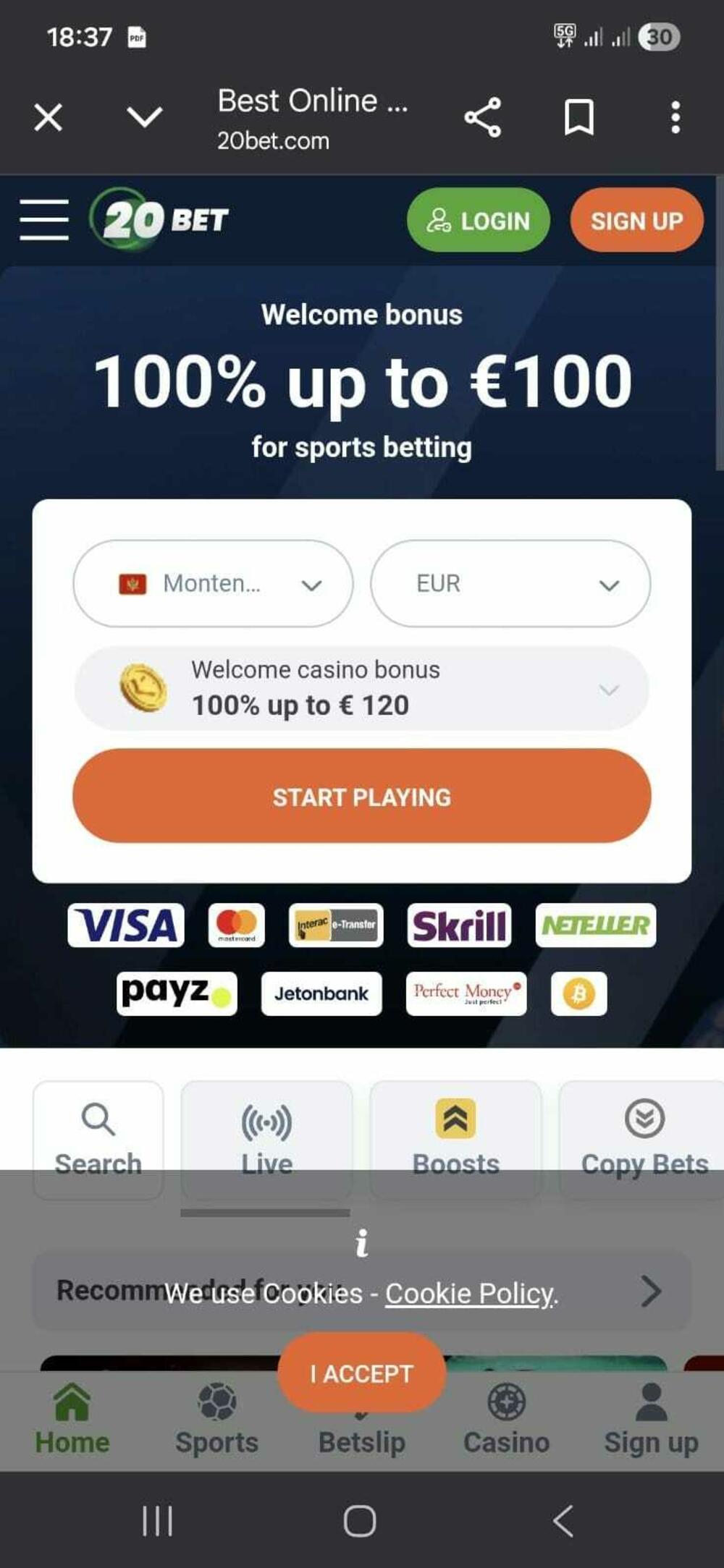 Sajt 20bet.com omogućava iz Crne Gore i alternativne uplate