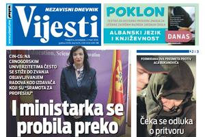 Naslovna strana "Vijesti" za 2. mart 2026.