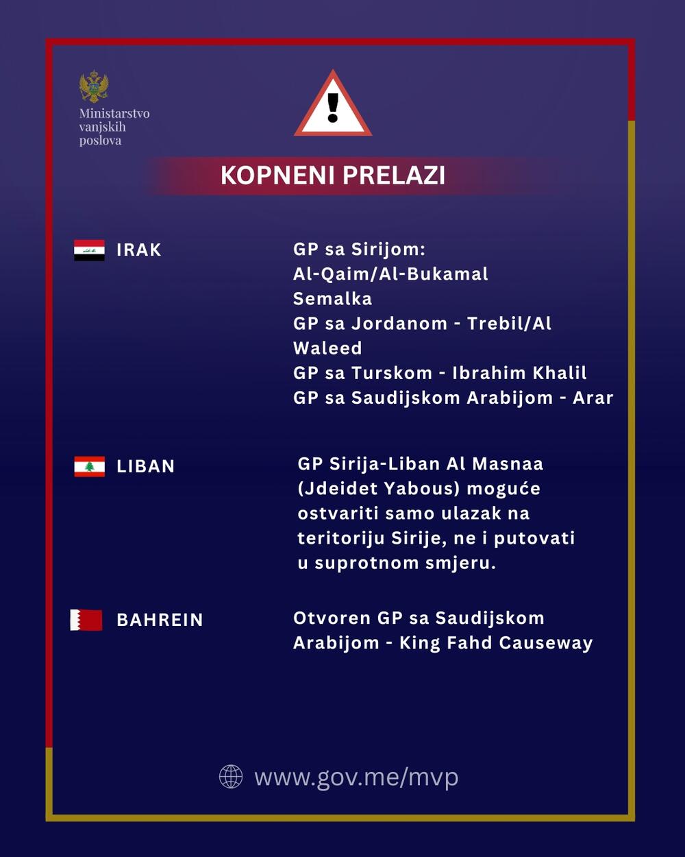 <p>Apel crnogorskim državljanima da ne putuju u šest zemalja gdje je trenutno najveći bezbjednosni rizik, ne preporučuje se put u još osam država</p>