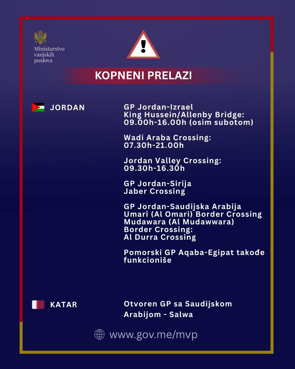 <p>Apel crnogorskim državljanima da ne putuju u šest zemalja gdje je trenutno najveći bezbjednosni rizik, ne preporučuje se put u još osam država</p>