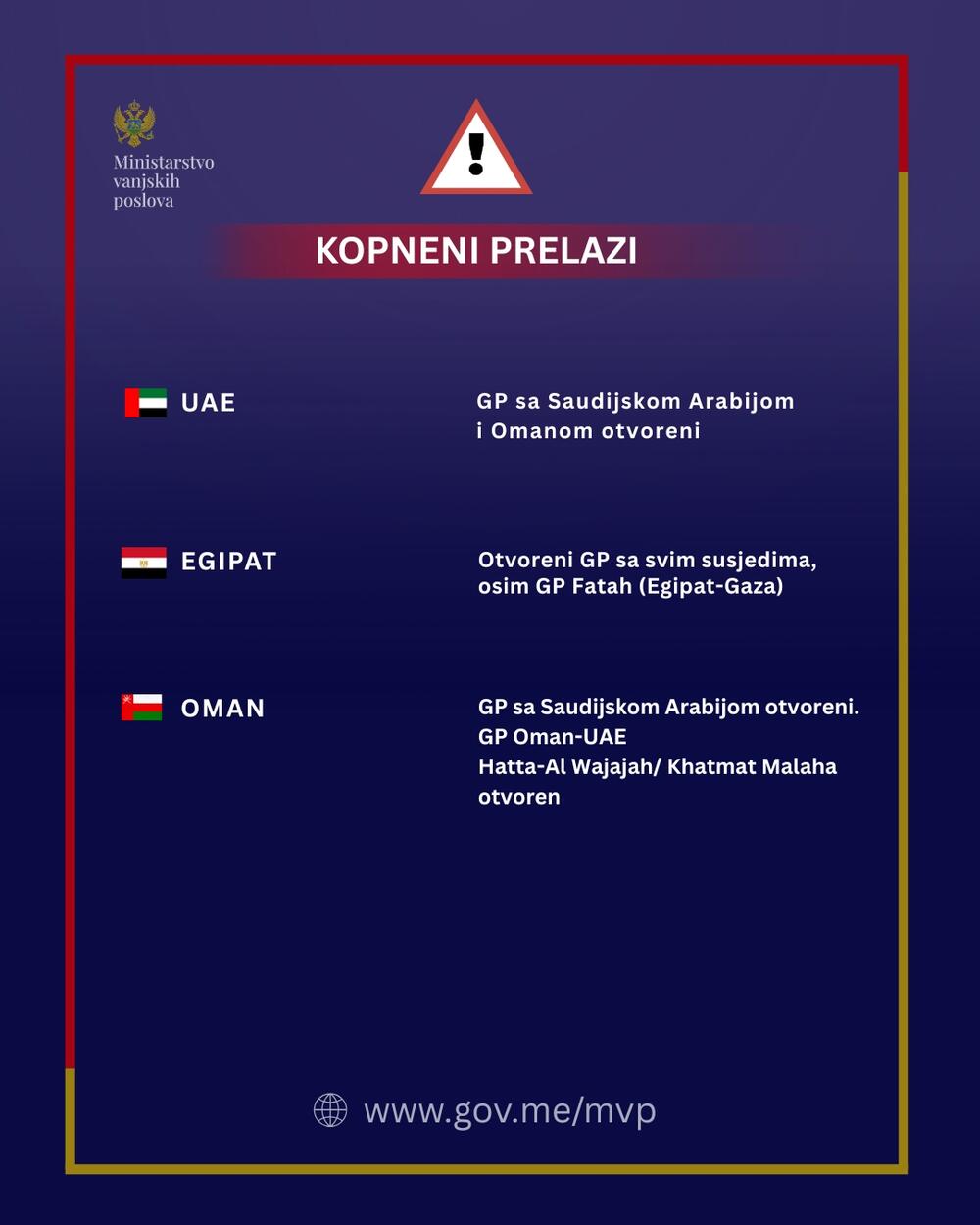 <p>Iz MVP su naveli da su ažurirali pregled ključnih servisnih informacija za države obuhvaćene bezbjednosnom eskalacijom, imajući u vidu povećan nivo bezbjednosnih rizika i poremećaje u međunarodnom saobraćaju</p>