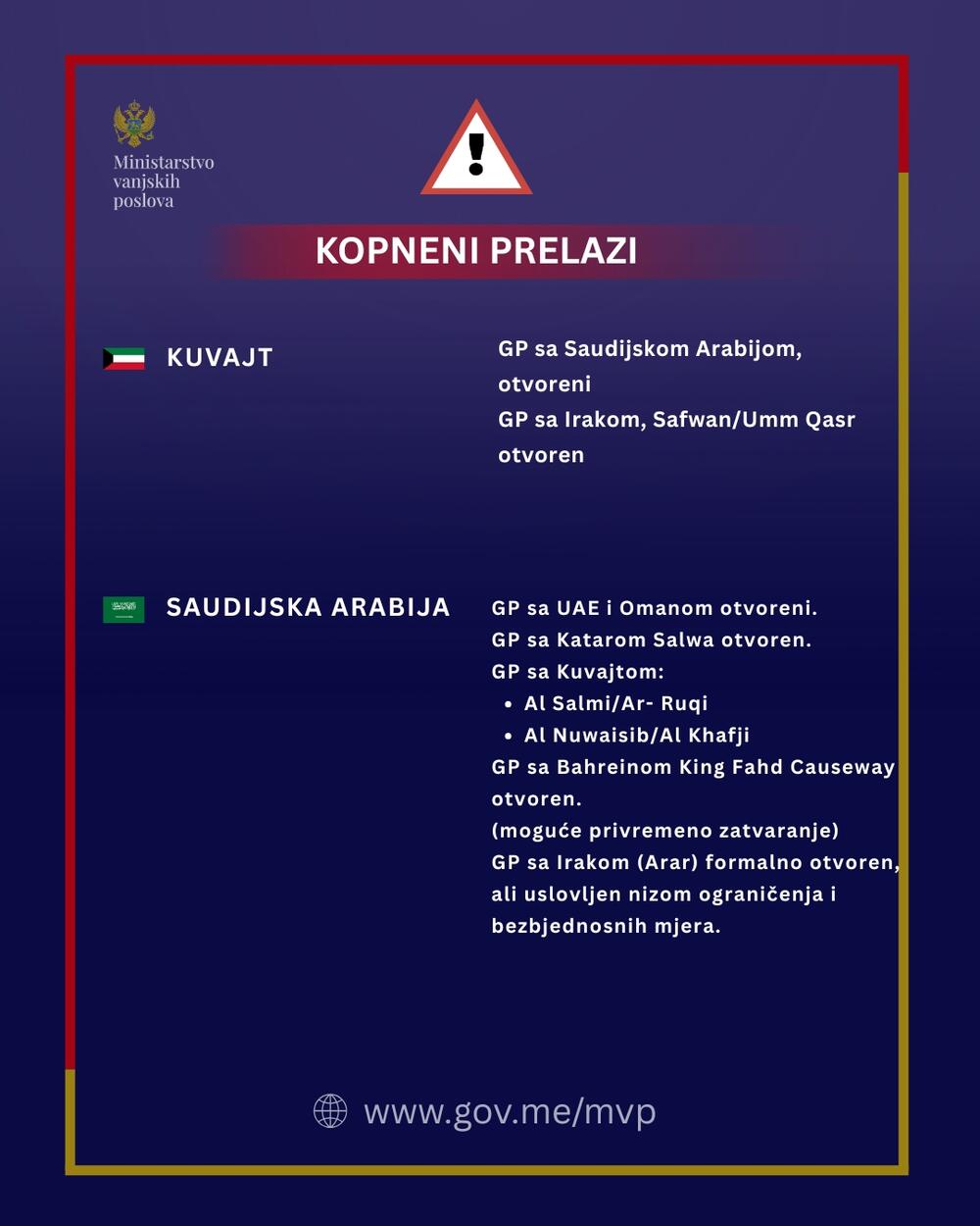 <p>Iz Ministarstva vanjskih poslova (MVP) su u saopštenju naveli da su ažurirali pregled ključnih servisnih informacija za države obuhvaćene bezbjednosnom eskalacijom, imajući u vidu povećan nivo bezbjednosnih rizika i poremećaje u međunarodnom saobraćaju</p>
