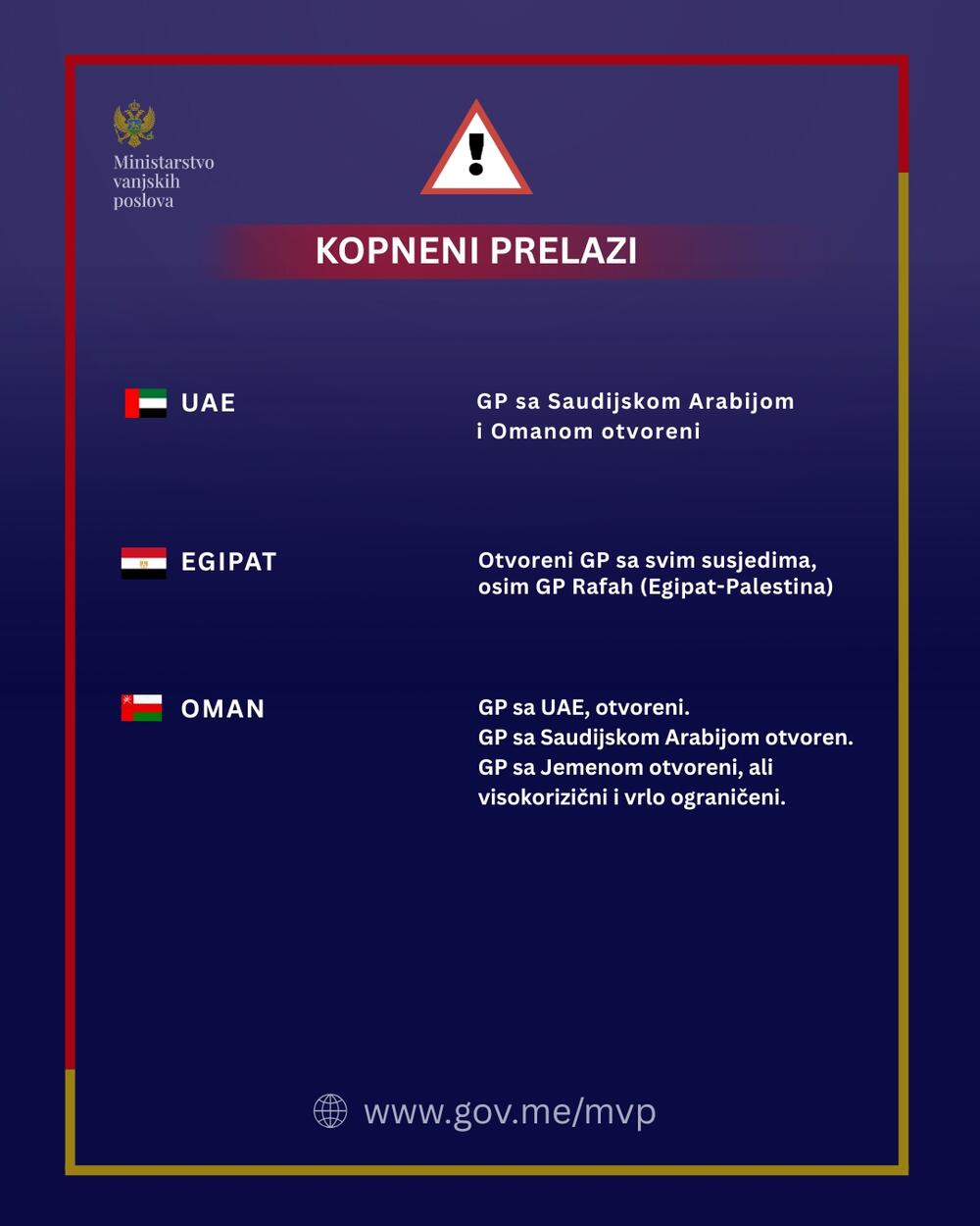 <p>Iz Ministarstva vanjskih poslova (MVP) su u saopštenju naveli da su ažurirali pregled ključnih servisnih informacija za države obuhvaćene bezbjednosnom eskalacijom, imajući u vidu povećan nivo bezbjednosnih rizika i poremećaje u međunarodnom saobraćaju</p>