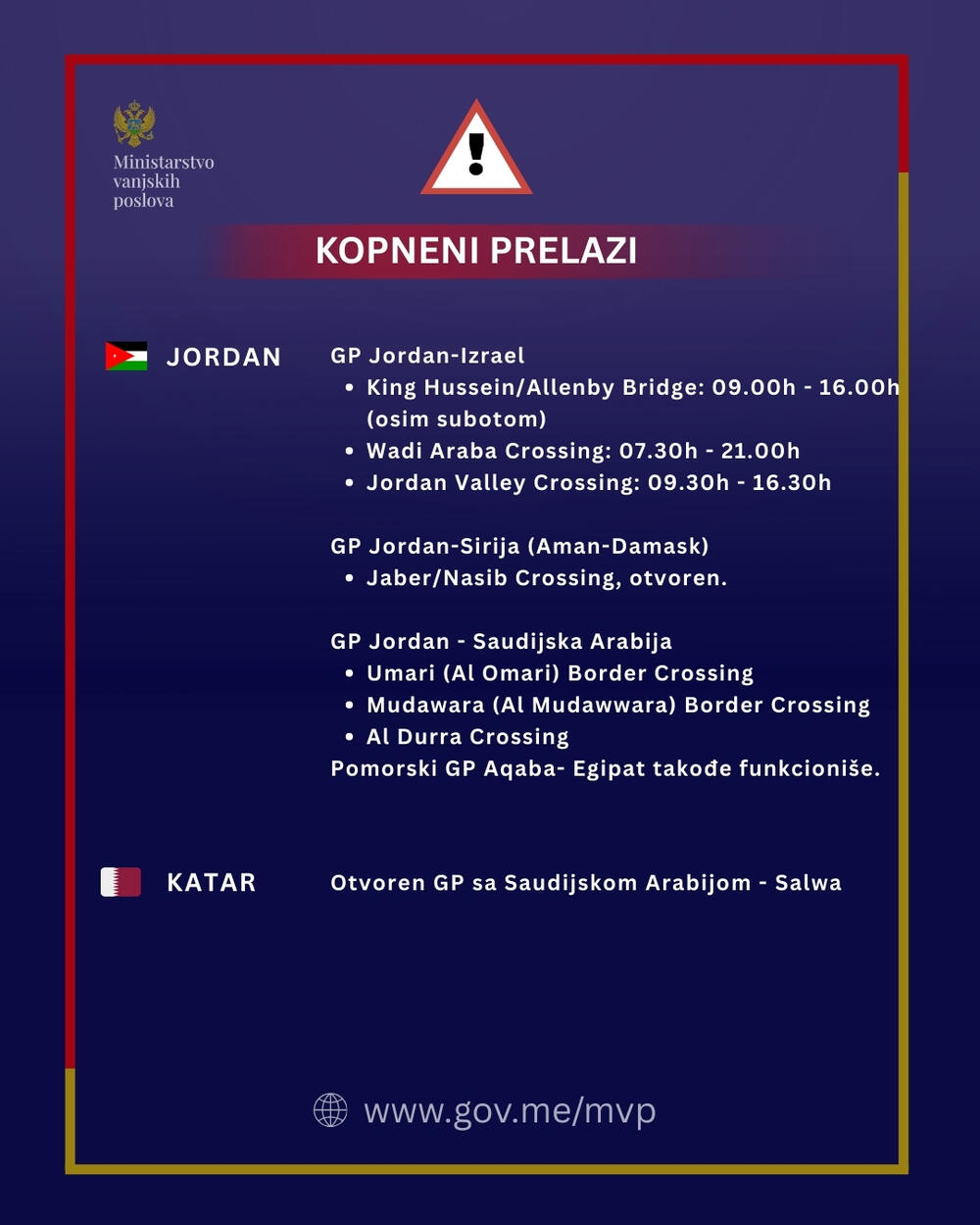<p>Iz Ministarstva vanjskih poslova (MVP) su u saopštenju naveli da su ažurirali pregled ključnih servisnih informacija za države obuhvaćene bezbjednosnom eskalacijom, imajući u vidu povećan nivo bezbjednosnih rizika i poremećaje u međunarodnom saobraćaju</p>