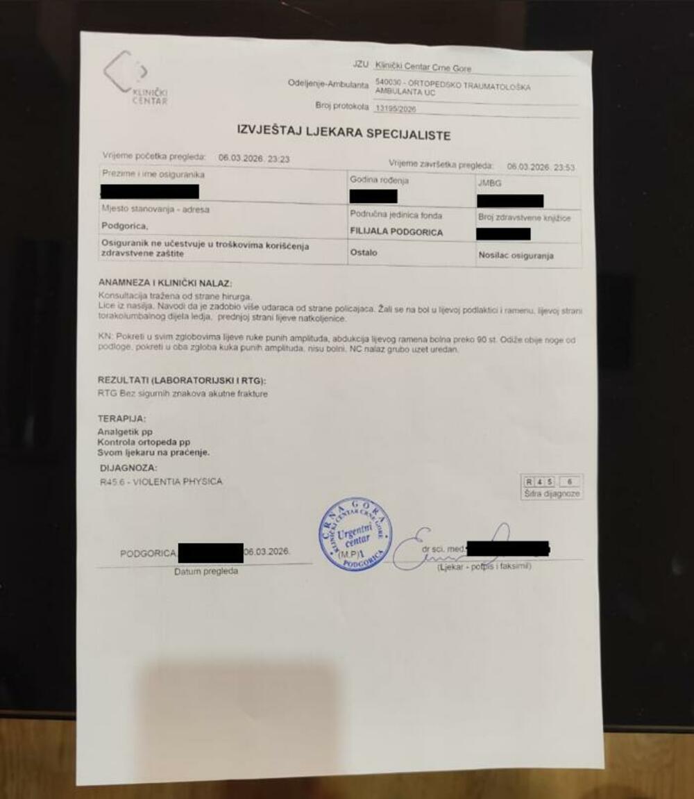 <p>"Mirno sam ušao u policijsko vozilo, ali su tada postali još agresivniji.<br /> U vozilu su mi držali ruke, jedan policajac jednu, drugi drugu, dok me treći više puta udarao u leđa, kičmu, bubrege i rebra. Jedan udarac završio je i u predjelu testisa. Udaran sam minutima dok su mi ruke bile uvrnute", piše u reagovanju Podgoričanina Đ. V.</p>