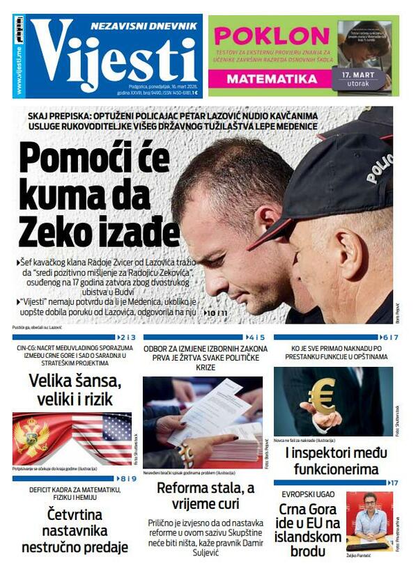 Naslovna strana "Vijesti" za 16. mart 2026.