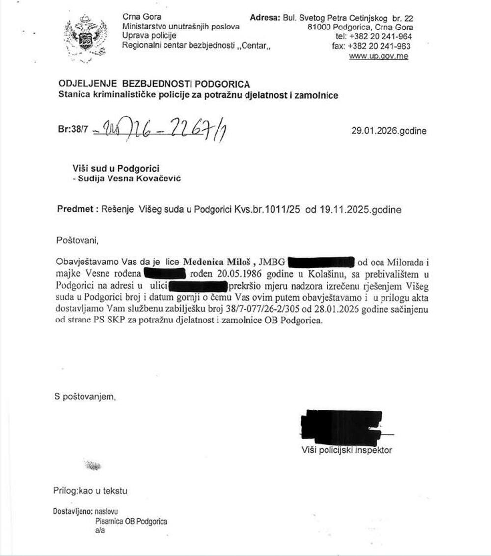 <p>"Gotovo dva mjeseca nakon bjekstva Miloša Medenice, javnost i dalje nema odgovor na najosnovnije pitanje &ndash; ko je odgovoran što je lice pod mjerom nadzora uspjelo da pobjegne. Osim sastanka u kabinetu premijera gdje su se čelnici izvršne i sudske vlasti 'dogovorili' da je za bjekstvo Medenice 'kriv sistem', do danas nemamo adekvatan odgovor o institucionalnoj odgovornosti za bezbjednosni propust ovakvih razmjera"</p>