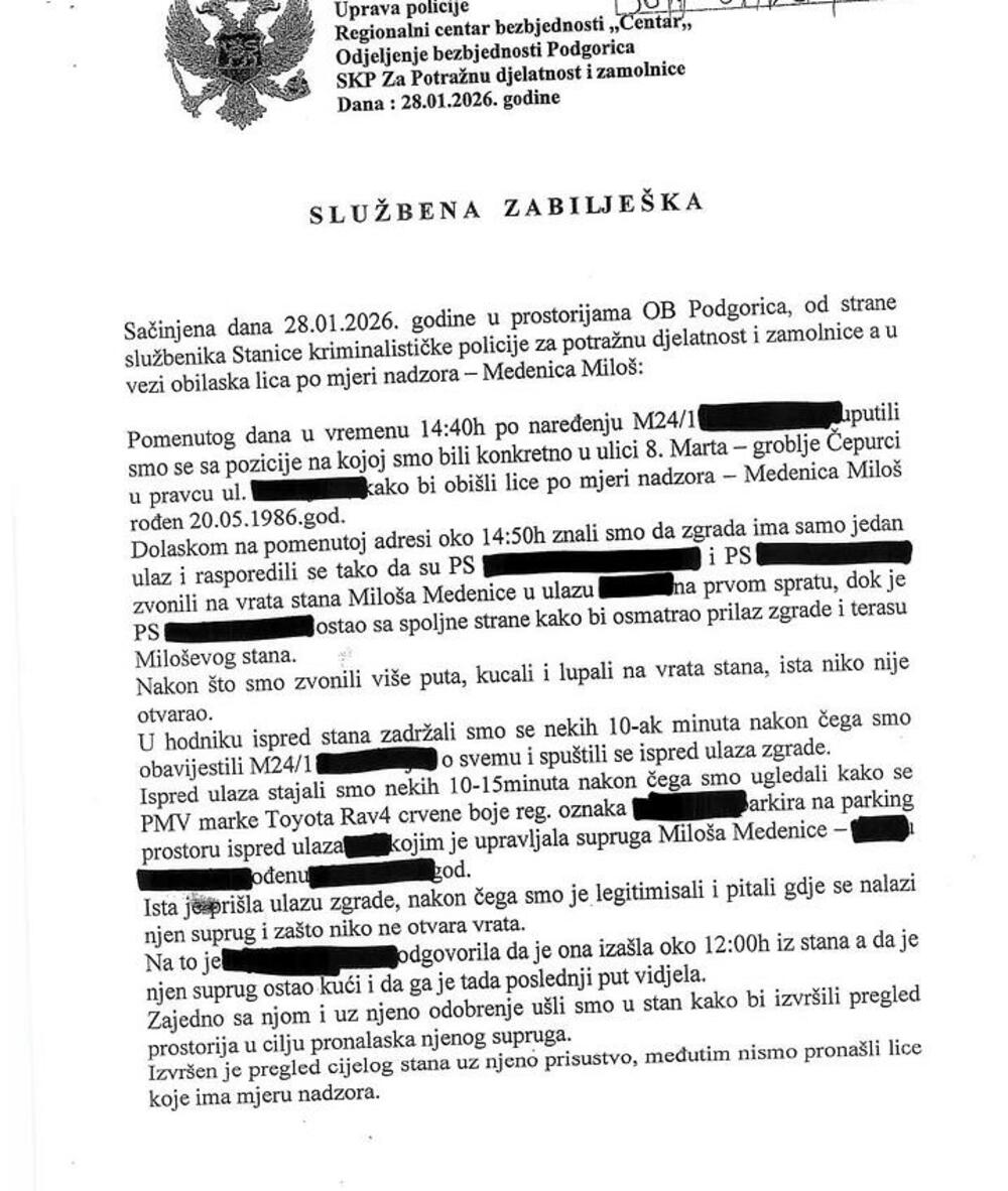 <p>"Gotovo dva mjeseca nakon bjekstva Miloša Medenice, javnost i dalje nema odgovor na najosnovnije pitanje &ndash; ko je odgovoran što je lice pod mjerom nadzora uspjelo da pobjegne. Osim sastanka u kabinetu premijera gdje su se čelnici izvršne i sudske vlasti 'dogovorili' da je za bjekstvo Medenice 'kriv sistem', do danas nemamo adekvatan odgovor o institucionalnoj odgovornosti za bezbjednosni propust ovakvih razmjera"</p>