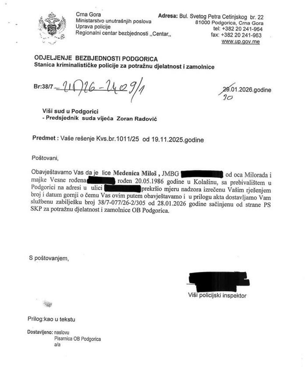 <p>"Gotovo dva mjeseca nakon bjekstva Miloša Medenice, javnost i dalje nema odgovor na najosnovnije pitanje &ndash; ko je odgovoran što je lice pod mjerom nadzora uspjelo da pobjegne. Osim sastanka u kabinetu premijera gdje su se čelnici izvršne i sudske vlasti 'dogovorili' da je za bjekstvo Medenice 'kriv sistem', do danas nemamo adekvatan odgovor o institucionalnoj odgovornosti za bezbjednosni propust ovakvih razmjera"</p>
