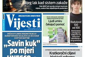 Naslovna strana "Vijesti" za 22. mart 2026.