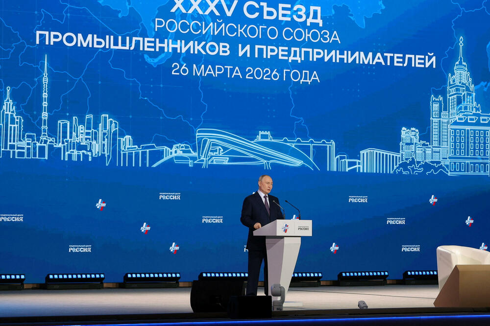Putin na Kongresu Ruskog saveza industrijalaca i preduzetnika u Moskvi 26. marta, Foto: Rojters