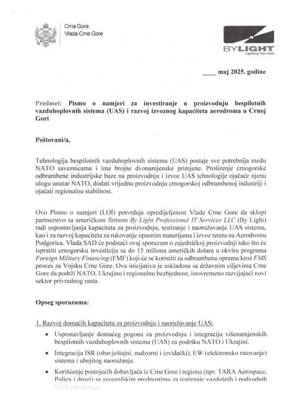 Pismo namjere iz maja prošle godine