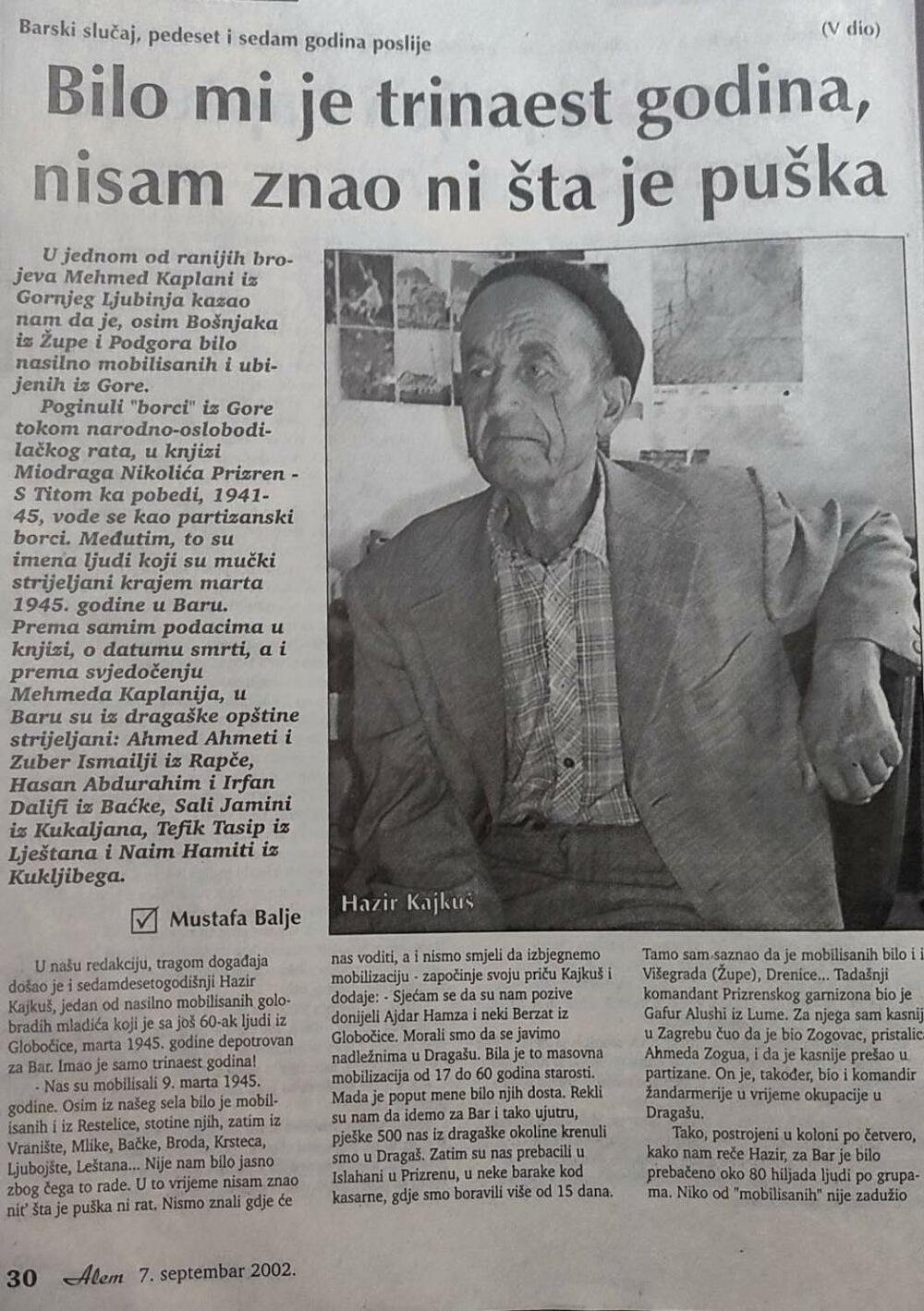 Tekst iz časopisa 'Alem' u kojem je Mustafa Balje objavio sjećanje preživjelih u barskom masakru