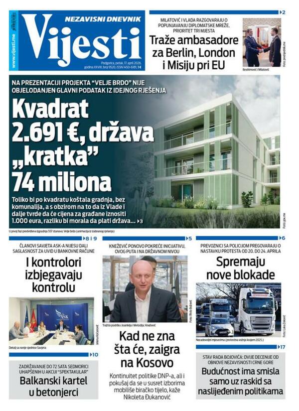 Naslovna strana "Vijesti" za 17. april 2026.