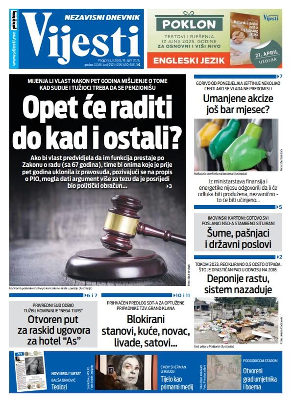 Naslovna strana "Vijesti" za 18. april 2026.