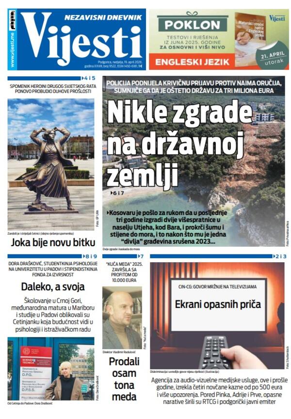 Naslovna strana "Vijesti" za 19. april 2026.