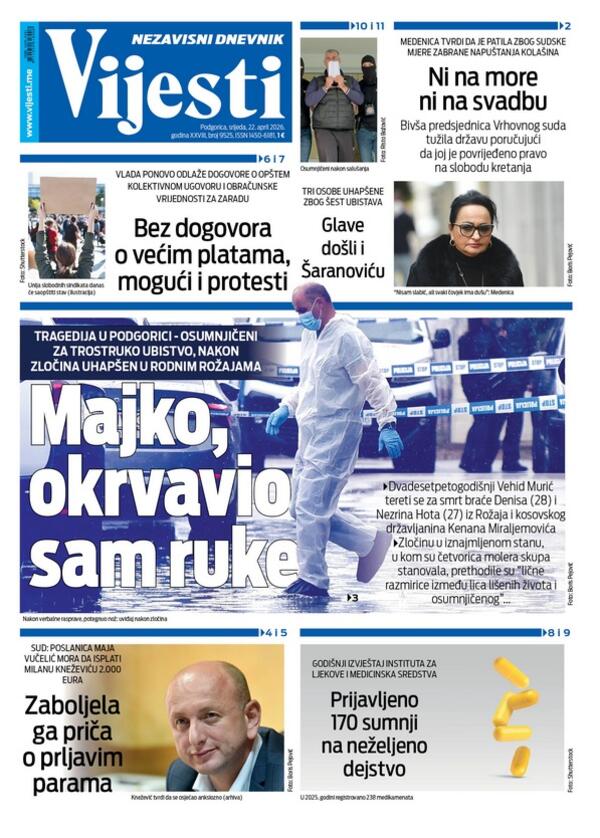 Naslovna strana "Vijesti" za 22. april 2026.