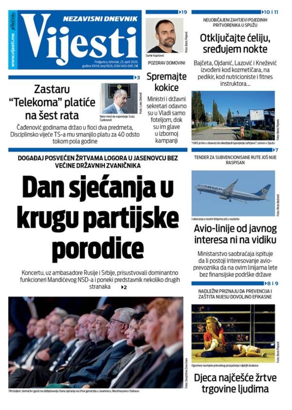 Naslovna strana "Vijesti" za 23. april 2026.