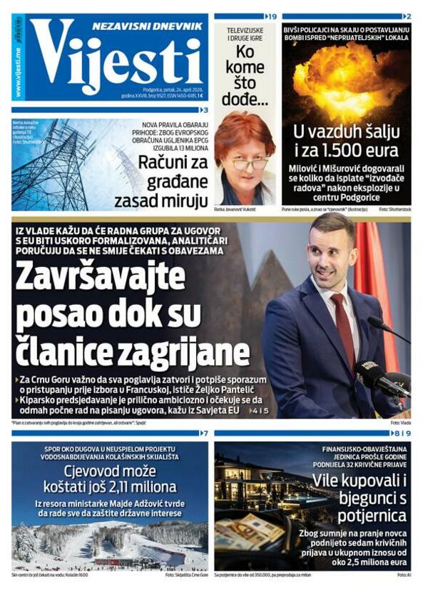 Naslovna strana "Vijesti" za 24. april 2026.