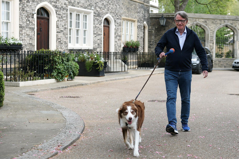 Mandelson šeta psa ispred svoje rezidencije u Londonu: Fotografija od 20. aprila, Foto: Reuters