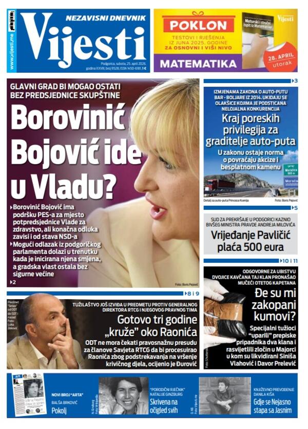 Naslovna strana "Vijesti" za 25. april 2026.