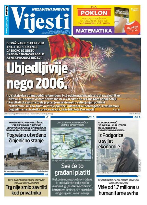 Naslovna strana "Vijesti" za 26. april 2026.